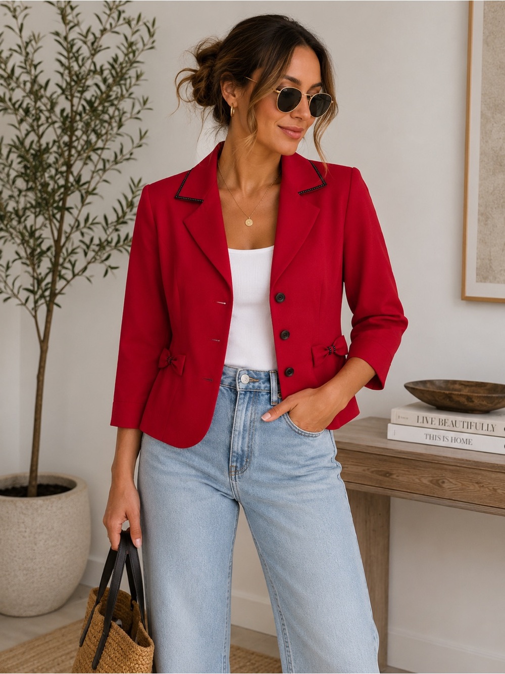 Studio I Red Cropped Notch-Lapel Blazer